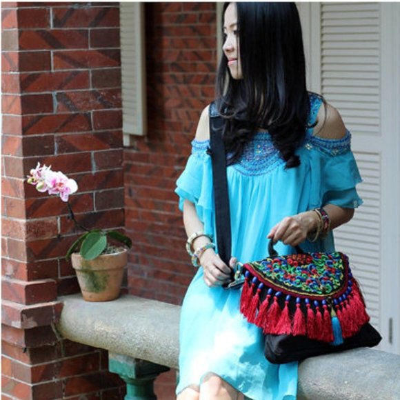 NWT Handmade Embroidered Tassel Purse Handbag - Picture 6 of 6